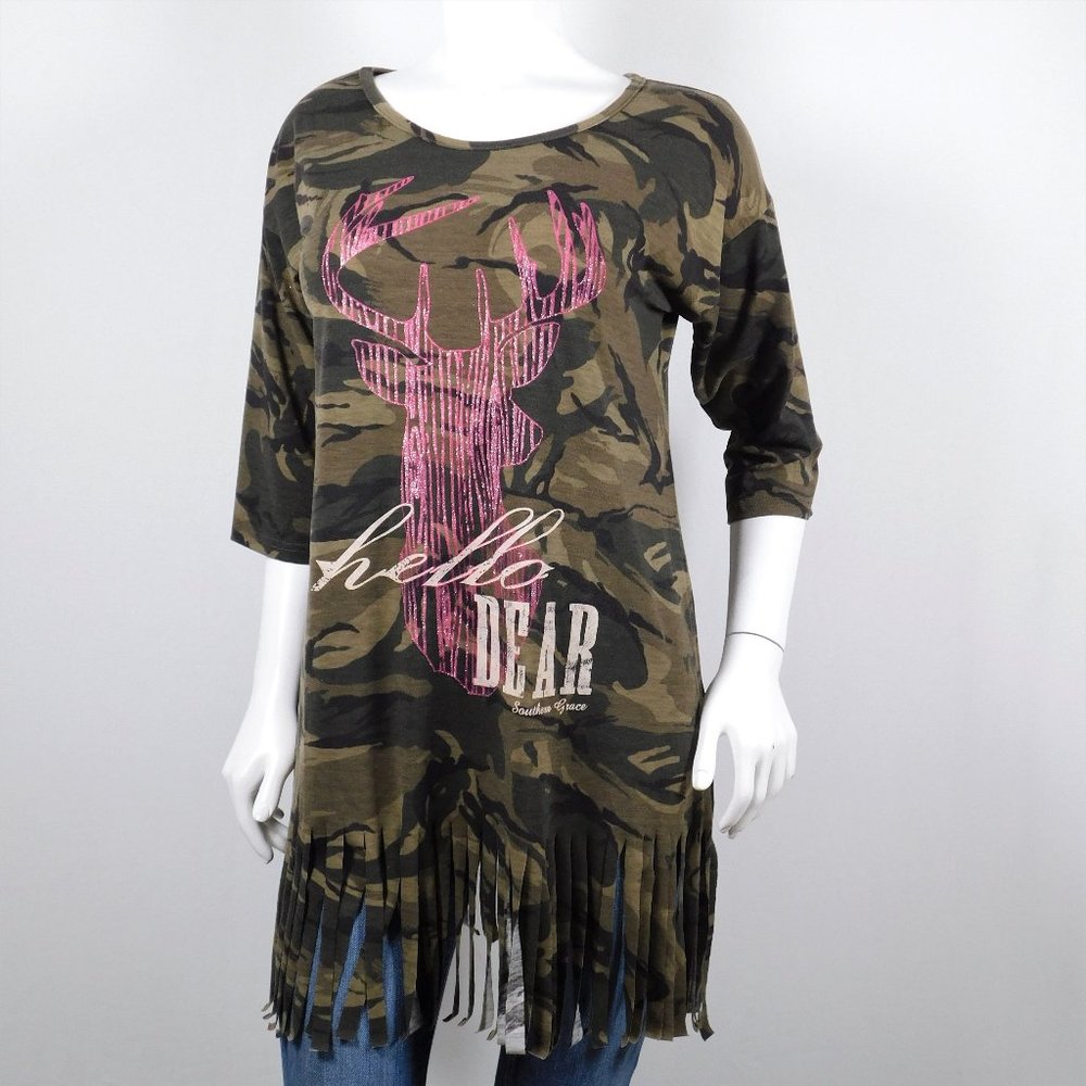 Southern Grace Camo Fringe Tunic Top M NWOT (61024)